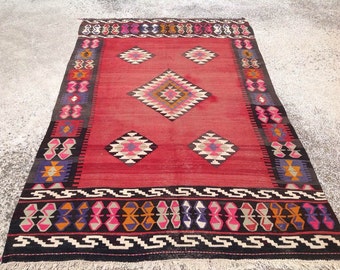 Red Vintage Turkish kilim rug, 120'' x 74'', area rug, kilim rug, kelim rug, vintage rug, bohemian rug, Turkish rug, rug, tribal rug, 350