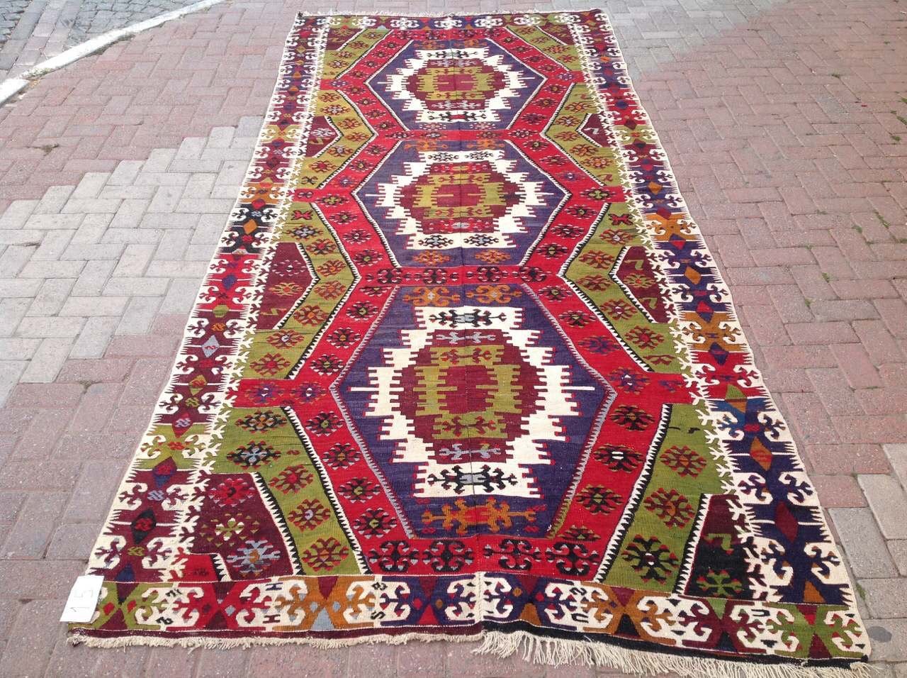 Large kilim rug 152 x 65 navy green and red Etsy
