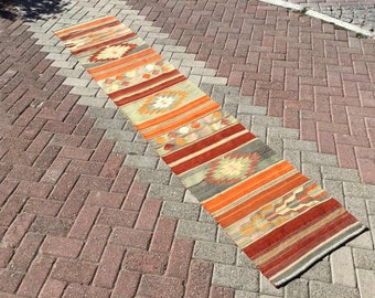 Colorful Kilim runner, 115" x 23", Turkish kilim runner rug, vintage runner, bohemian runner, Turkish rug, kitchen runner, hand made, 306x