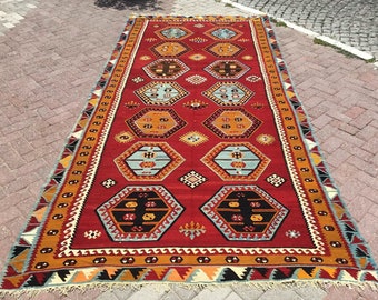 faded orange Kilim rug, Vintage Turkish kilim rug, 147.6" X 68.8", kilim rug, red vintage rug, bohemian rug, RED rug, tribal rug, red , 831x