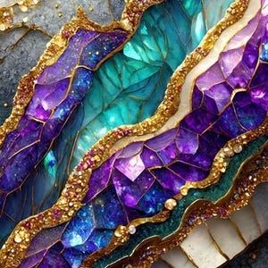 Peut inclure: Gros plan sur une géode avec des couches de cristaux violets, bleus et verts. Les cristaux sont entourés d'une bordure dorée.