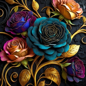 Mystical Rose Digital Paper: Black Grunge Floral Background, Journal, Portrait (12x12 PNG) (Digital Download