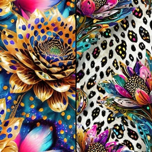 May include: A colorful abstract pattern with a large gold flower with blue and white spots, and a leopard print background with colorful flowers.