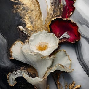 以下が含まれることがあります： 黒と白の大理石模様の背景に、金色のアクセントが施された白い花が描かれた抽象画。花は繊細で重なり合ったような見た目で、金色の絵の具でアクセントが付けられている。背景は黒、白、グレーが渦巻くように混ざり合っている。