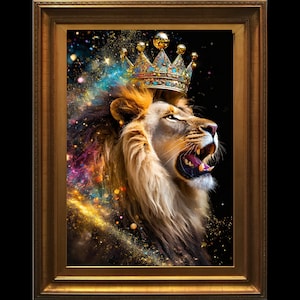 May include: A majestic lion with a golden crown on its head, roaring against a dark background with colorful sparkles. The lion's mane is full and flowing, and its eyes are intense.