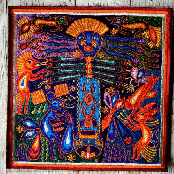 Peyote Shaman Spider Patch, Bordado hecho a mano, Peyote Huichol Art, Huichol Peyote Schamane, Spinne, Spirit, Aufnäher, HANDMADE, 20cm