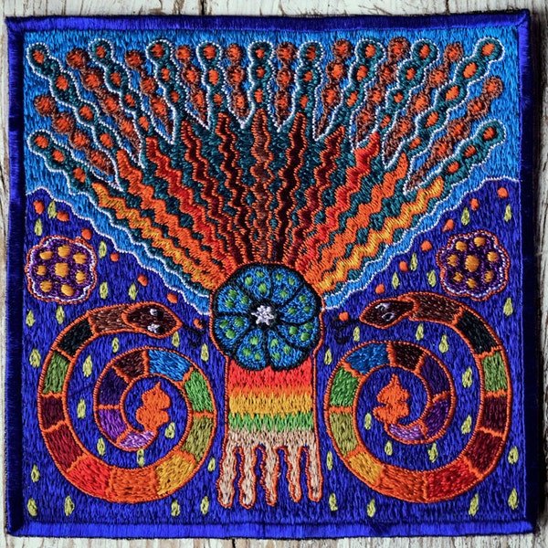 Peyote Snake Patch, Handmade Embroidery, Peyote Huichol Art, Peyote Embroidery, Schlange Peyote Aufnäher, Huichol Kunst, HANDMADE WITH LOVE