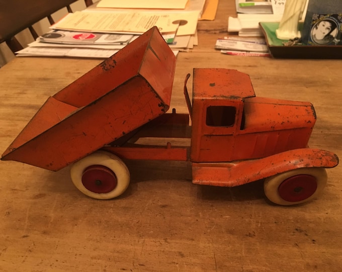 1930's Children's Toy Pressed Steel Dump Truck Original Paint Wooden Wheels