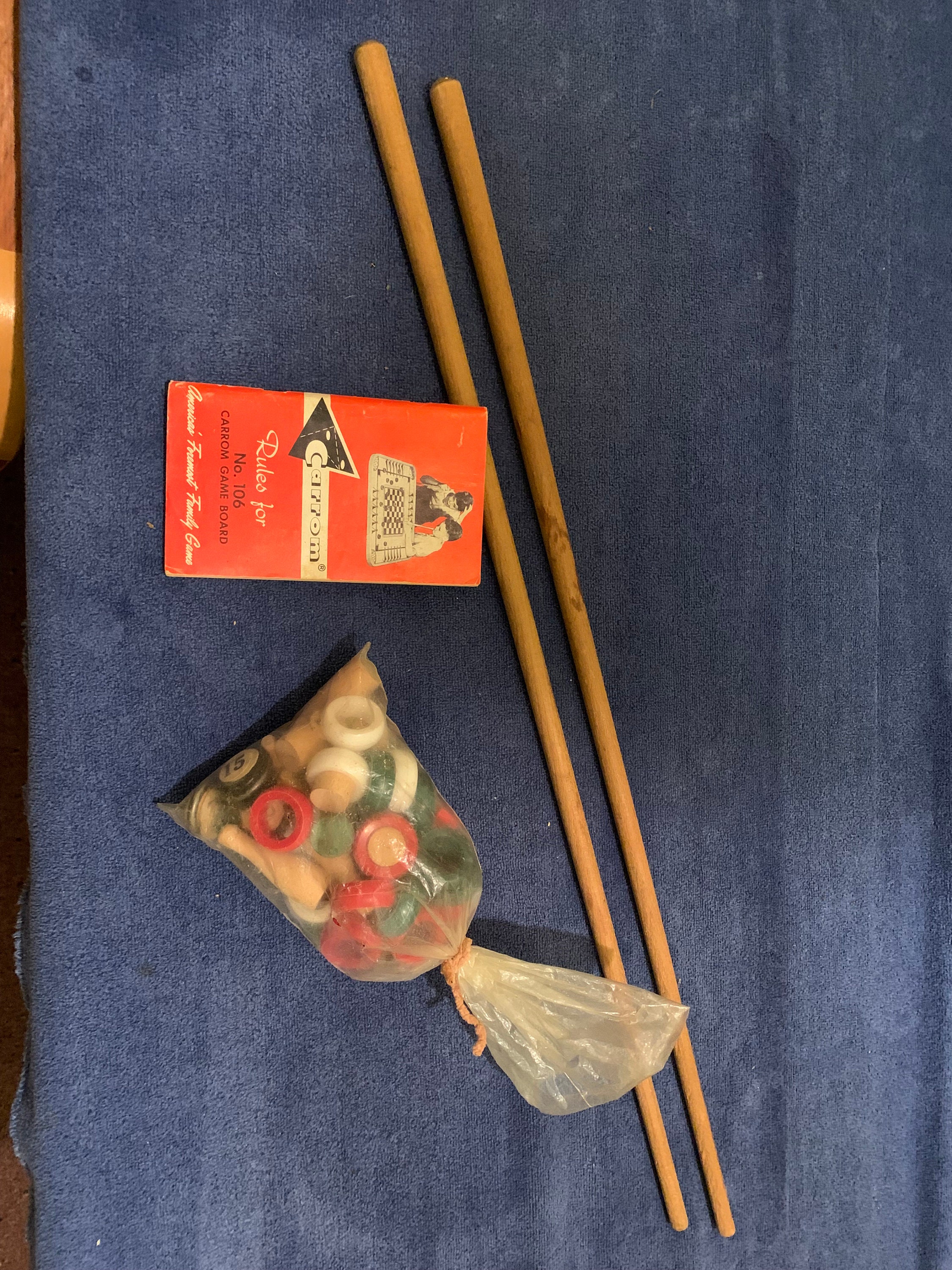 1962 Carrom No. 106 Game Board with Pool Sticks, Pieces, Rule