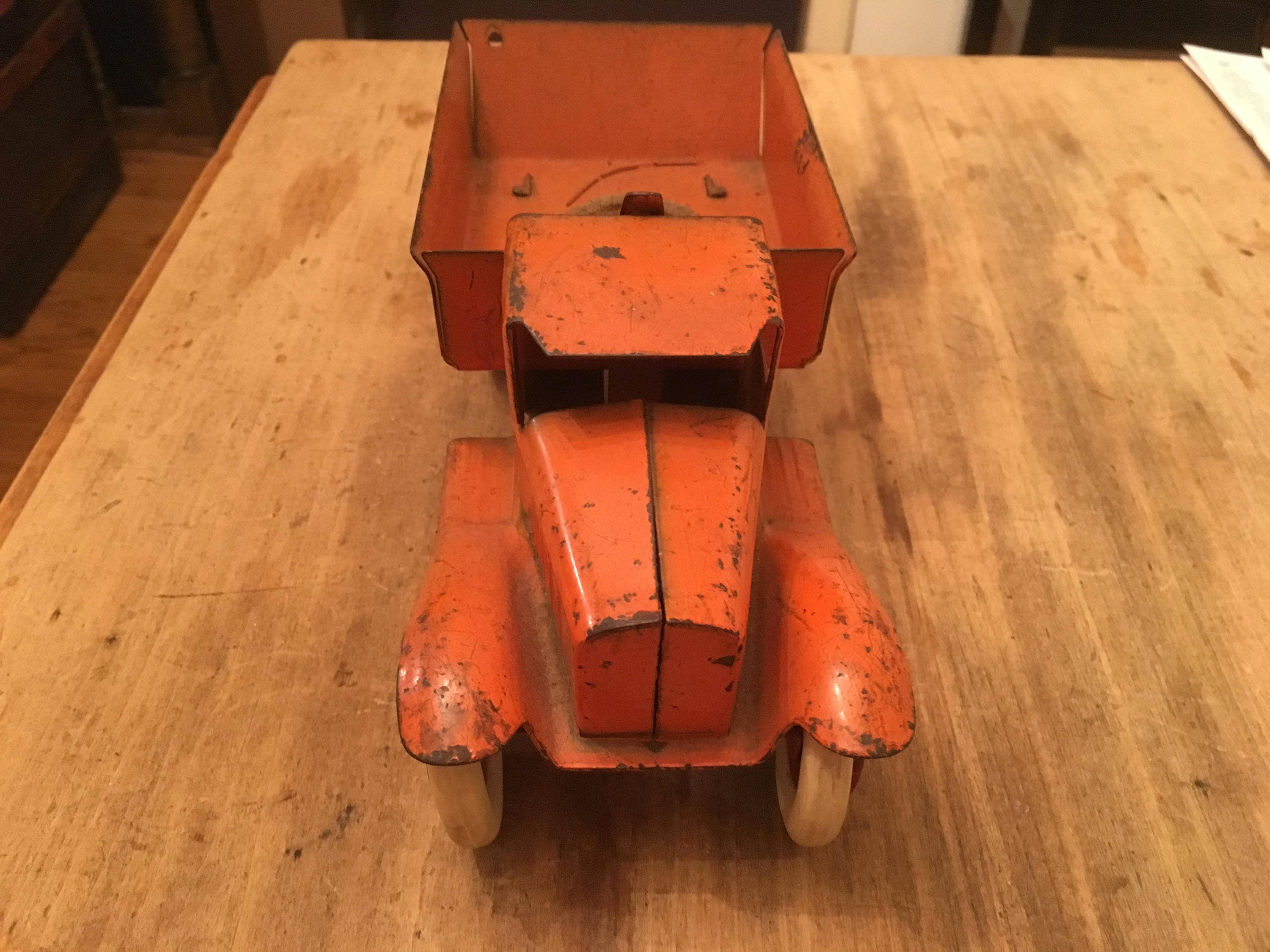 1930's Children's Toy Pressed Steel Dump Truck Original Paint Wooden Wheels