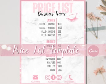 Price List Template Lash for Small Business, Pink Luxury Editable Printable Beauty Salon Lashes Makeup Hair Nail Pricing List Canva Template