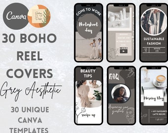 30 schwarze Reel Cover Templates, bearbeitbare IG Reel Cover Template, graue Insta Templates für Instagram, schwarze Canva Templates für Entrepreneurs