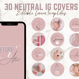 30 Beige-Pink Instagram Highlight Covers, IG Canva Template, Luxury Highlight Cover, Beauty Hair Business Nails, Instagram Quotes Influencer