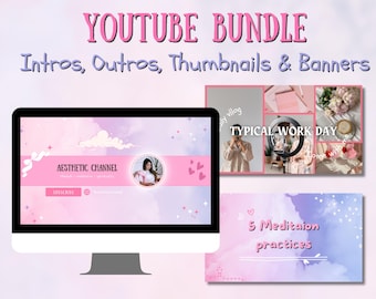 Pink Kawaii YouTube Branding Bundle, Intro Outro Templates (Canva Editable)
