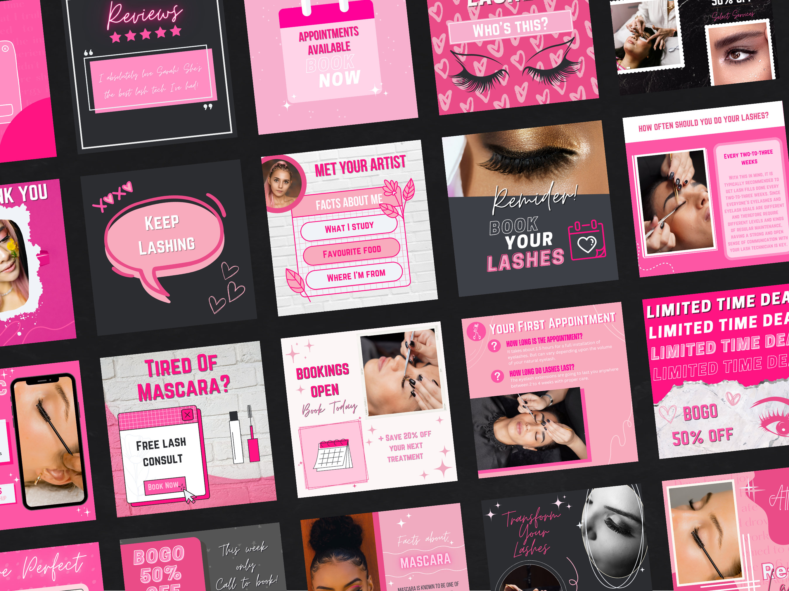 Pink Instagram Post Templates for Lash Techs, 30 Editable Canva Insta ...