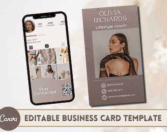 May include: A brown and beige business card template with a photo of a woman wearing black gloves and gold jewelry. The text on the card reads "Olivia Richards, Lifestyle coach" and includes contact information for social media, phone, and email.