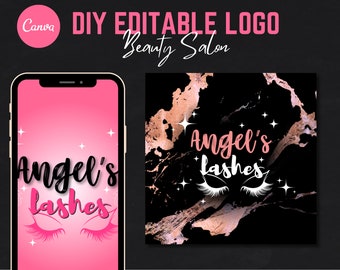 DIY Lash Logo Template, Pink Rose Gold Marble, Editable Salon Branding (Digital Download)