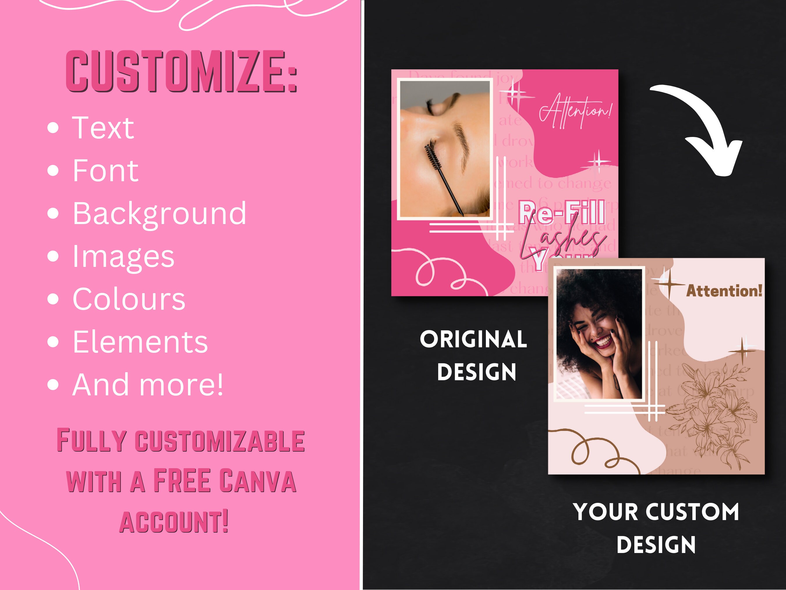 Pink Instagram Post Templates for Lash Techs, 30 Editable Canva Insta ...