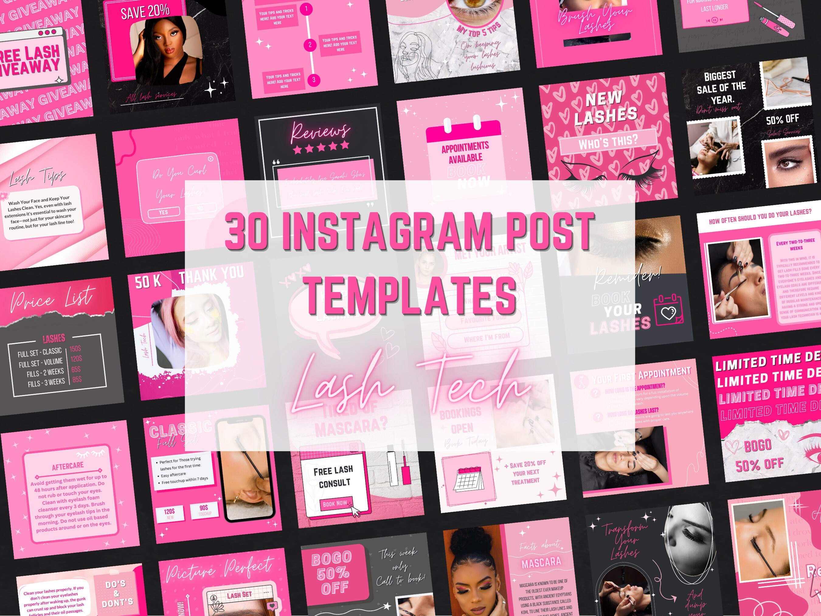 Pink Instagram Post Templates for Lash Techs, 30 Editable Canva Insta Post,  Influencer Social Media Design, Luxury Small Business Templates 