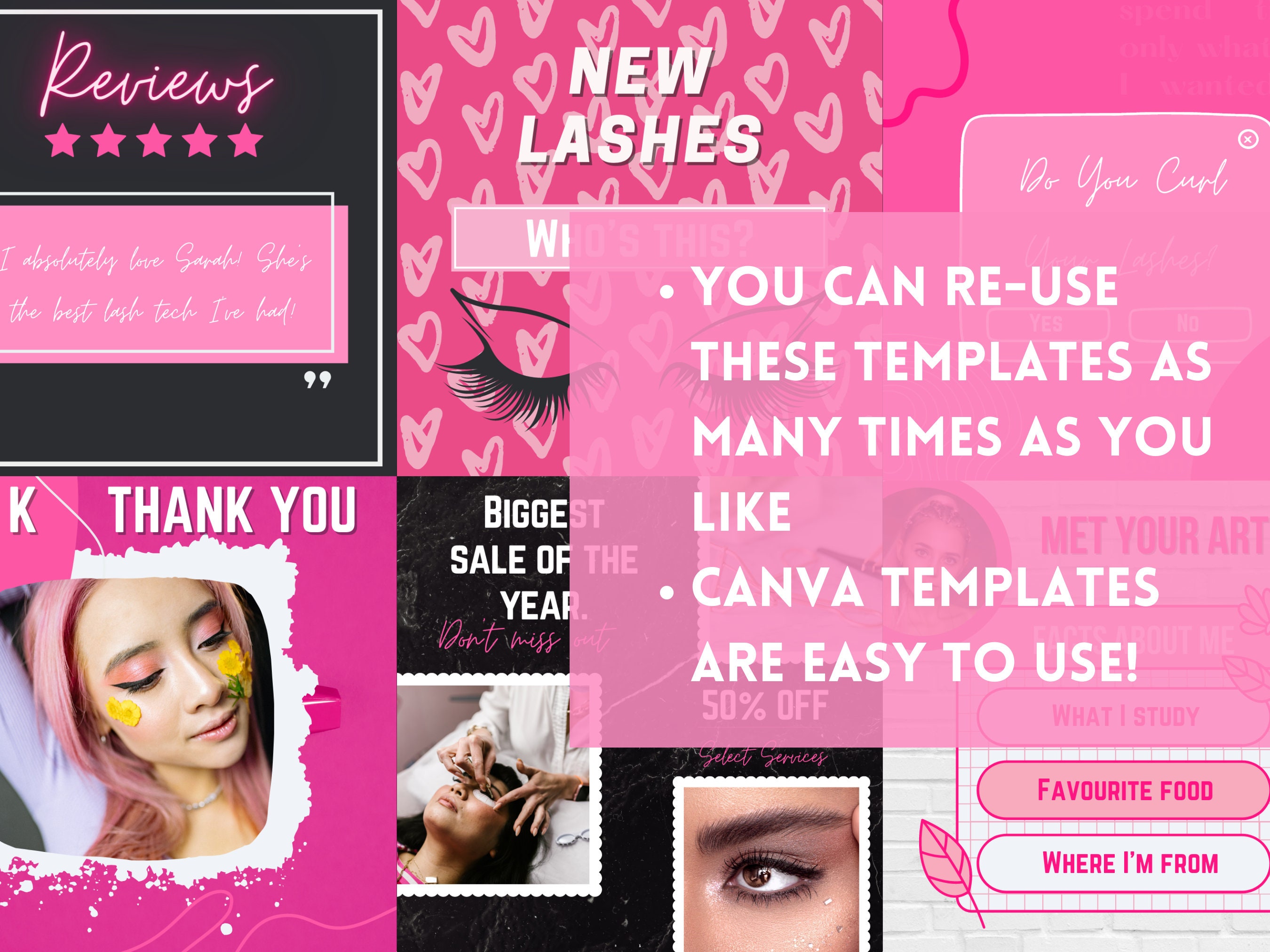 Pink Instagram Post Templates for Lash Techs, 30 Editable Canva Insta ...