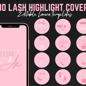 30 Pink Lash Tech Instagram Highlight Covers, IG Canva Template, Quotes Luxury Highlight Cover, Beauty Hair Business Nails Template IG