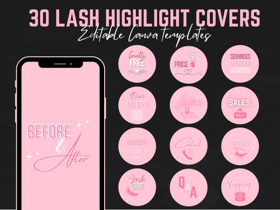 30 Pink Lash Tech Instagram Highlight Covers, IG Canva Template
