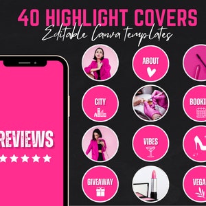 40 Pink Baddie Instagram Highlight Covers, Canva Template Eyelash Tech, Luxury IG Highlight Icons Cover Fashion Lash Business Nails Template