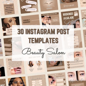 May include: Thirty Instagram post templates for a beauty salon. The templates are in a brown and beige color scheme with a variety of designs and text. Some of the text includes "Easy Mornings", "Friendly Reminder", "Lashcare", "Eyelash Glue 101", "Appointments Available", "Feeling Down?", "Giveaway", "Time to Book Your Refill", "How Do You Feel When You Get Your Lips Done?", "Client Testimonials", "Lashers By Mia", "Just Appointment", "Before & After", "Reminder".