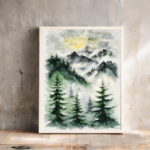 May include: Watercolor painting of a mountain landscape with a misty, foggy background. The painting features a group of evergreen trees in the foreground, with a sun shining through the clouds in the distance.