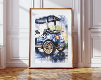 Carrito de golf de lujo, impresión en acuarela, decoración de pared con arte de golf, regalo de golf moderno, póster de carrito de golf azul, arte mural de coche deportivo, decoración de golf imprimible