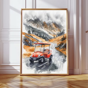 赤いゴルフカート、秋の山、ゴルフカートのプリント、印刷可能、水彩画、ゴルフ、オフィスアートワーク、ゴルフ、デジタルプリント、デジタルアート、ベストセラー