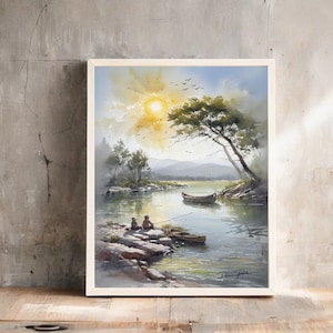 Fishing Kids Print, Rustic Lake Art, Vintage Fishing Scene, Nostalgic Outdoor Art, Fishing Gift For Dad, Best Seller, Lake Art, Fishing