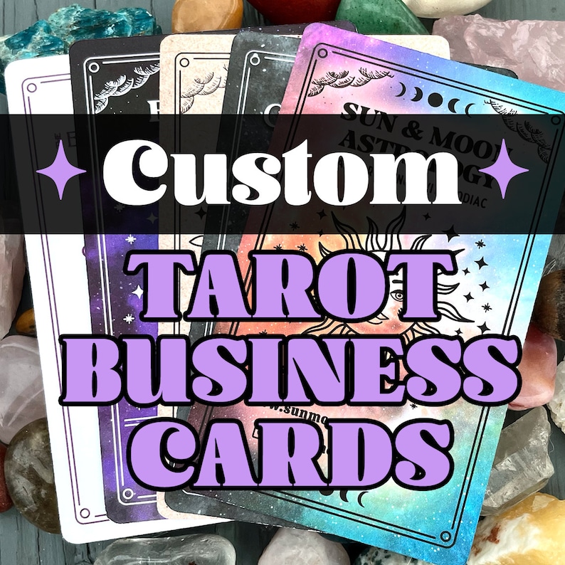 May include: Custom tarot business cards with a galaxy design and the text "Sun & Moon Astrology Zodiac".