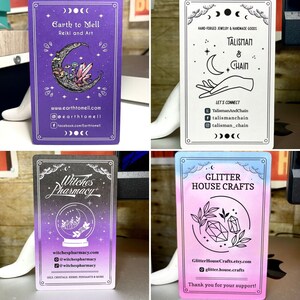 May include: Four business cards with a purple, black, pink, and blue gradient background. The cards feature illustrations of a crescent moon, crystals, a witch's cauldron, and a crystal. The text on the cards reads "Earth to Mell Reiki and Art", "Talisman & Chain", "Witches Pharmacy", and "Glitter House Crafts".