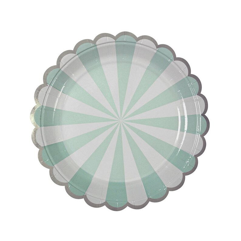 Party plates with aqua stripes and silver foil scalloped edges Aqua mint white Aqua and silver paper plates and silver plate Set of 8