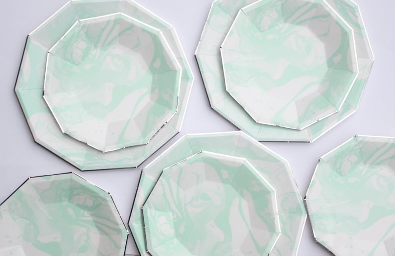 Lunch size mint green plates with silver foil edges Mint green and silver party plates Set of 8 Marble mint paper plates Marble plate