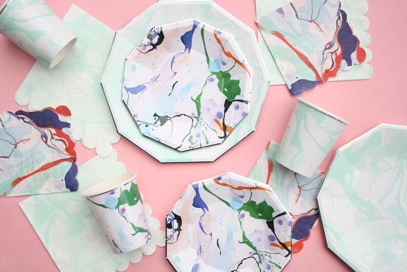 Lunch size mint green plates with silver foil edges Mint green and silver party plates Set of 8 Marble mint paper plates Marble plate