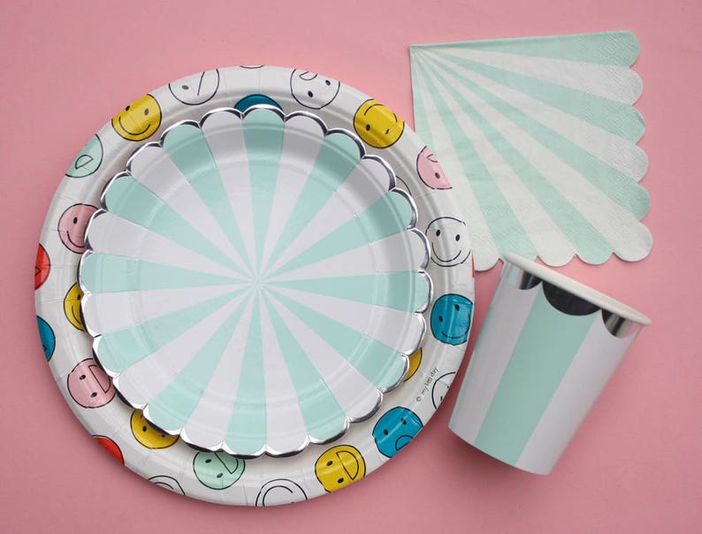 Party plates with aqua stripes and silver foil scalloped edges Aqua mint white Aqua and silver paper plates and silver plate Set of 8