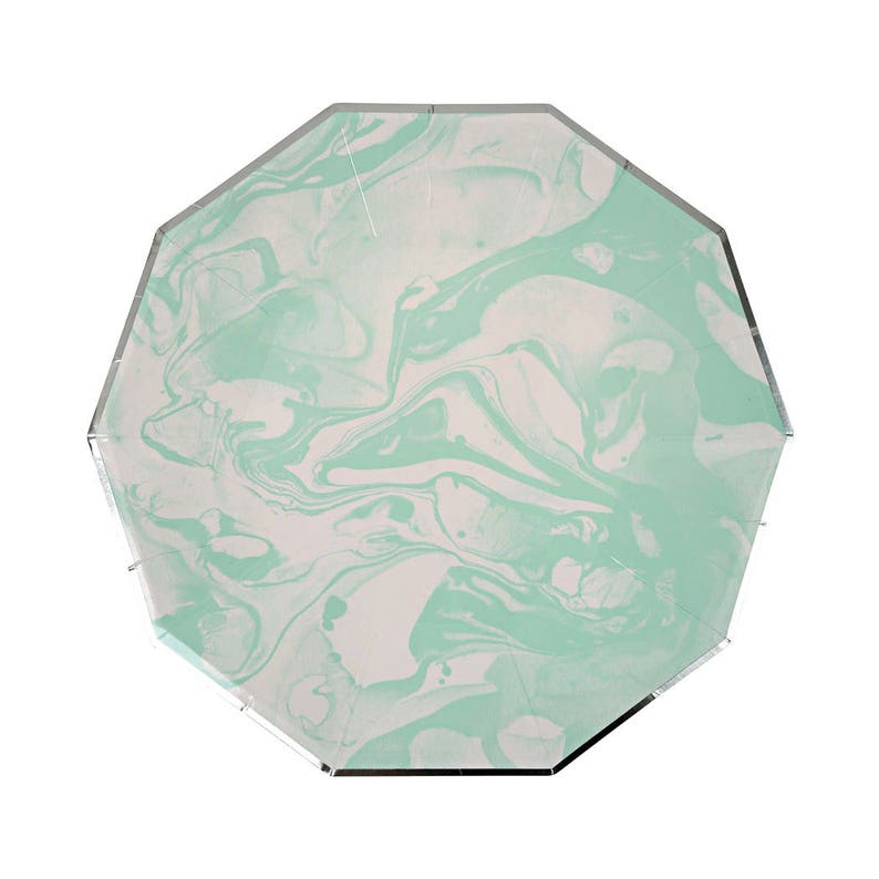 Lunch size mint green plates with silver foil edges Mint green and silver party plates Set of 8 Marble mint paper plates Marble plate