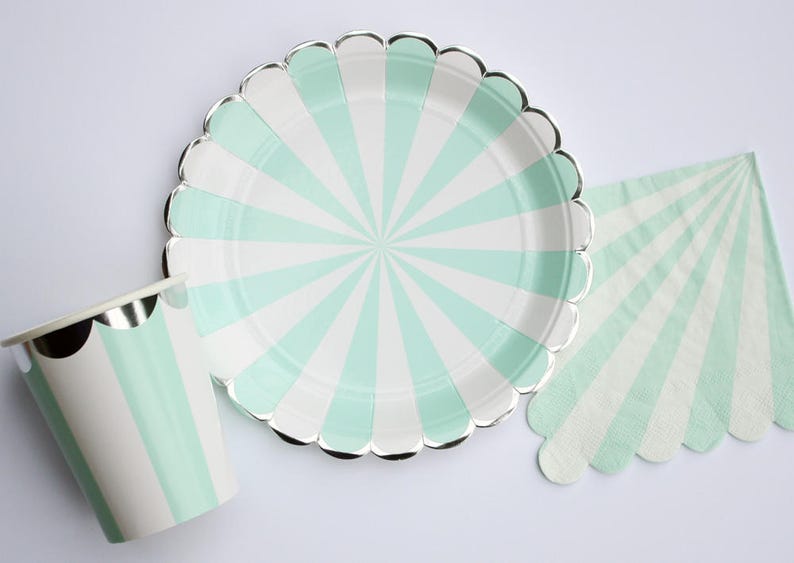 Party plates with aqua stripes and silver foil scalloped edges Aqua mint white Aqua and silver paper plates and silver plate Set of 8