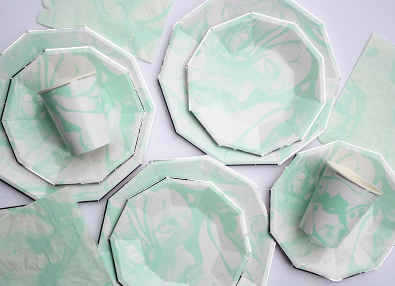 Lunch size mint green plates with silver foil edges Mint green and silver party plates Set of 8 Marble mint paper plates Marble plate