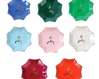 Be Jolly holiday plates. Set of 8. Christmas party appetizer plates. Holiday gold foil dessert plate. Light pink, green plates