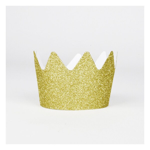 Pequeñas coronas de papel dorado. Conjunto de 8.  Coronas de fiesta de brillo dorado.  Oro 1a corona de cumpleaños.  Sombreros de fiesta de oro.  Coronas de fiesta de princesas de oro.
