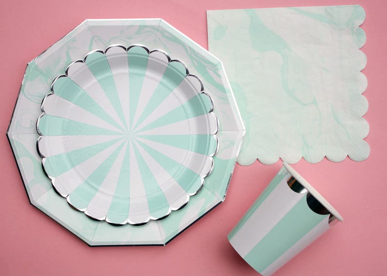 Party plates with aqua stripes and silver foil scalloped edges Aqua mint white Aqua and silver paper plates and silver plate Set of 8