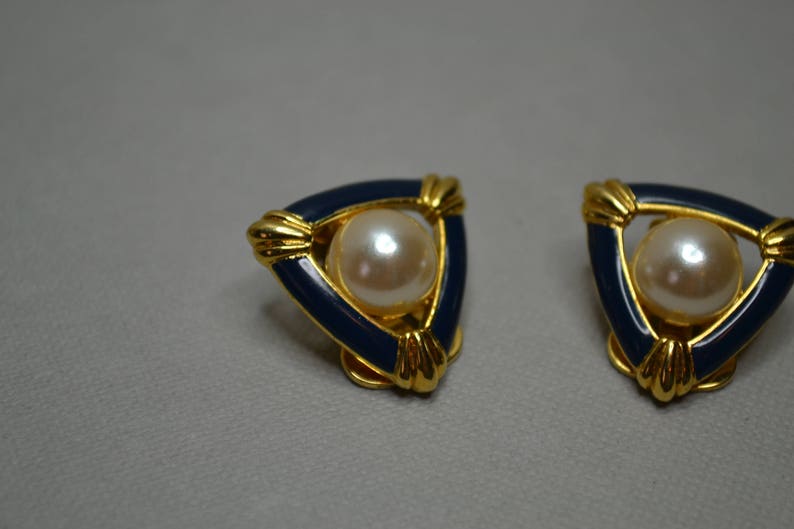 Beautiful Navy and Gold with Button Pearl Design Soleil Vintage Earrings Clip On