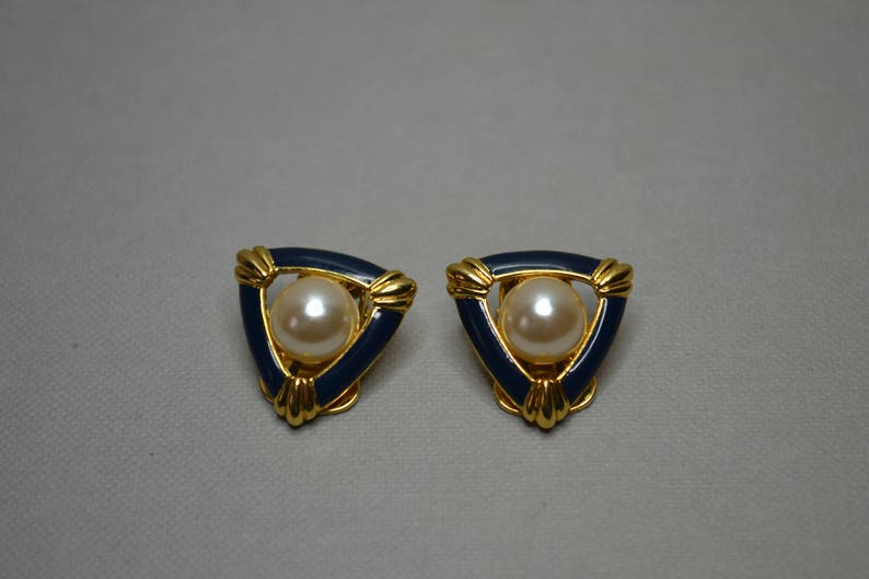 Beautiful Navy and Gold with Button Pearl Design Soleil Vintage Earrings Clip On