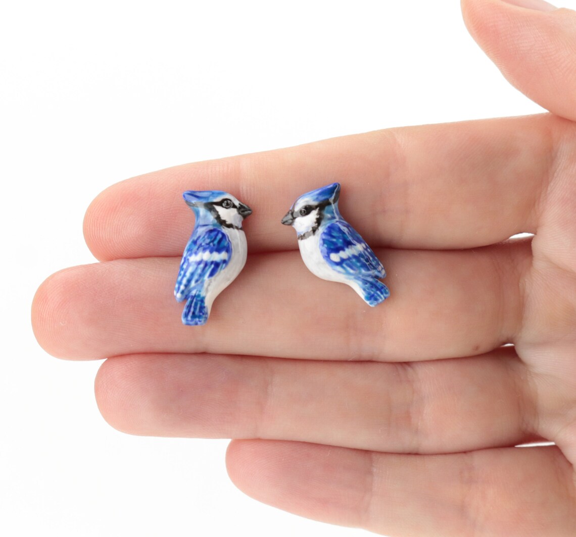 Blue Jay ceramic earrings Blue bird jewelry Small wild birds Etsy