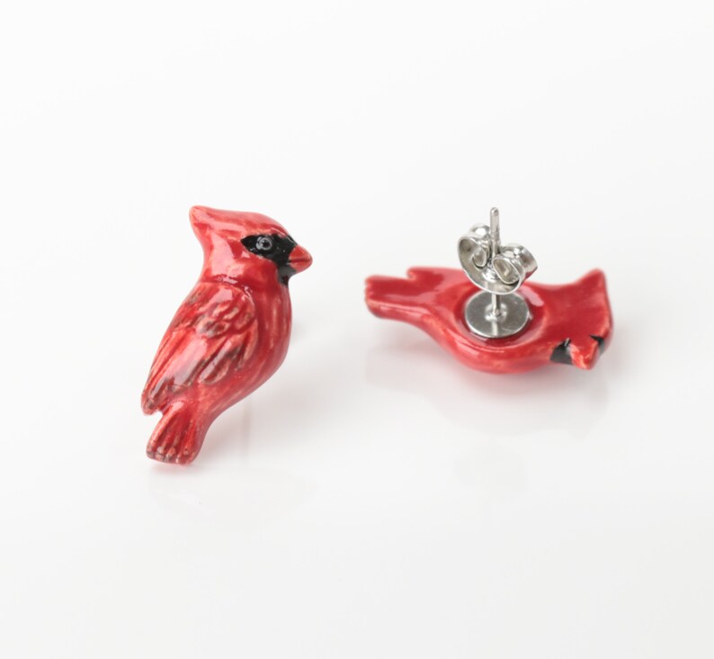 Red Cardinals ceramic earrings Red bird jewelry Small wild Etsy