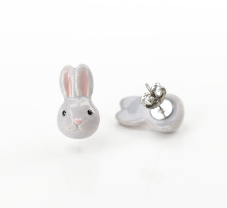 Gray Rabbit earrings Ceramic hare stud earrings Animals | Etsy