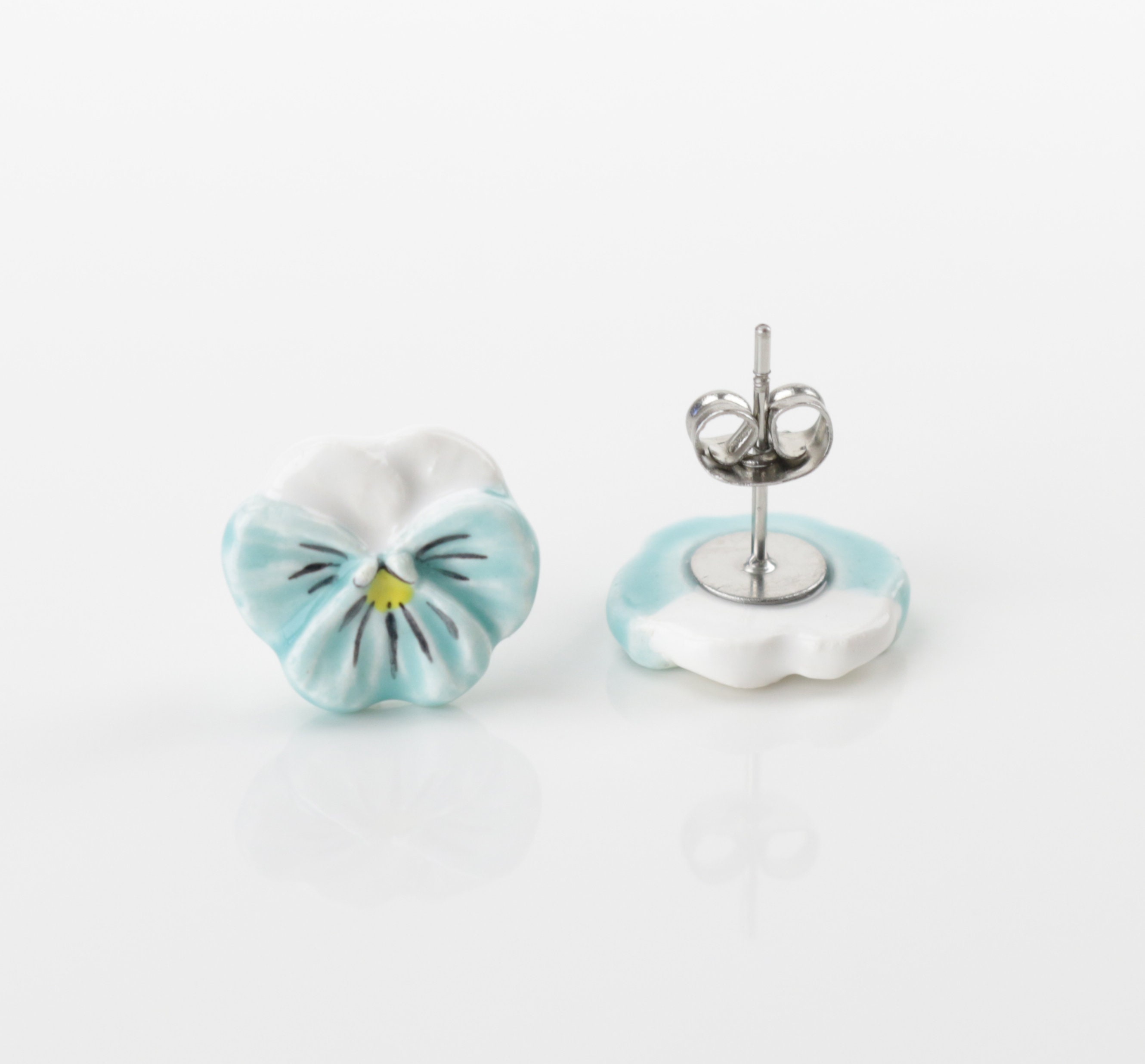 Blue pansy ceramic earrings Pansy flower studs Eco jewelry Etsy